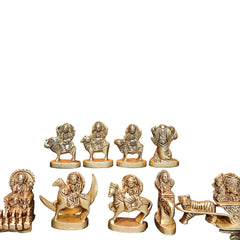 Brass Navagraha figurines set of nine, close view of seated and mounted figures