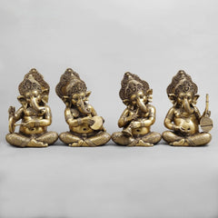 Brass Ganesh musicians set, four seated figures with patterned crowns and instruments