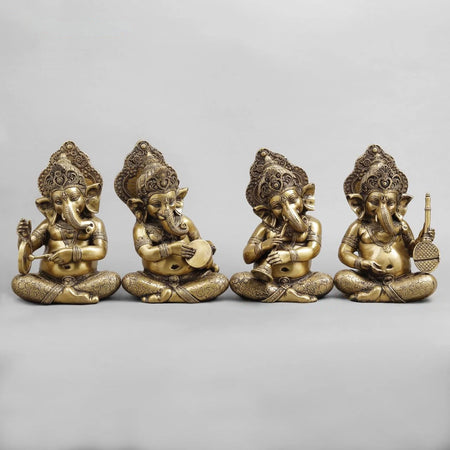 Brass Ganesh Musicians Set Statue (Height: 12.5 Inches)