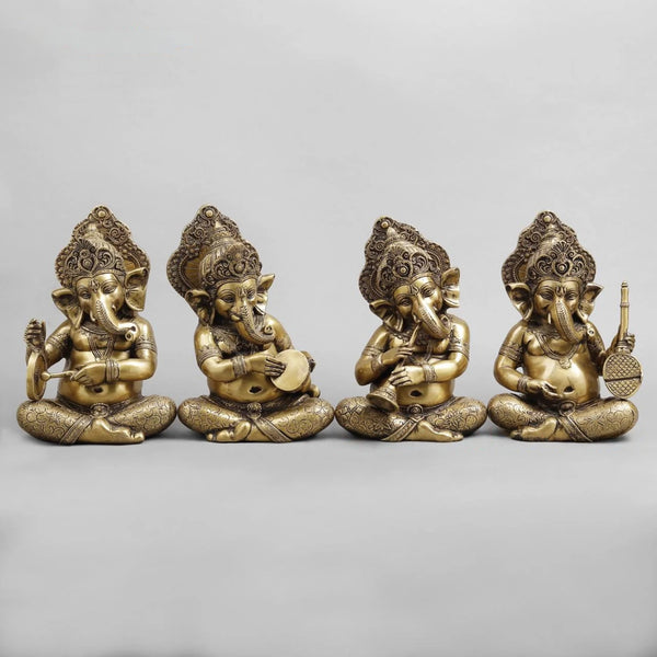 Brass Ganesh Musicians Set Statue (Height: 12.5 Inches)