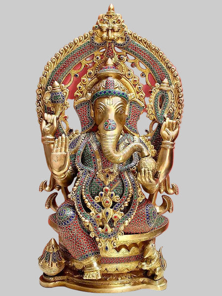 Brass King Ganesha Seated on Throne (Height: 26 Inches)