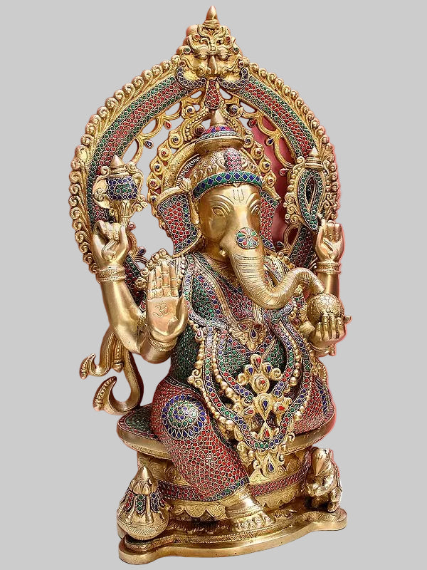 Brass King Ganesha Seated on Throne (Height: 26 Inches)