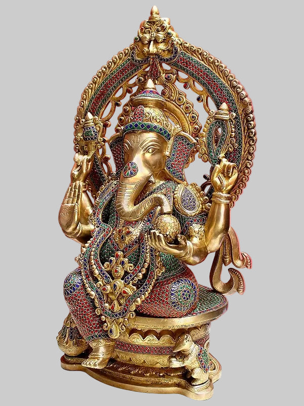 Brass King Ganesha Seated on Throne (Height: 26 Inches)
