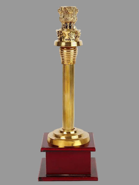 Brass Ashoka Stambh on Wooden Base (Height: 13 Inches)