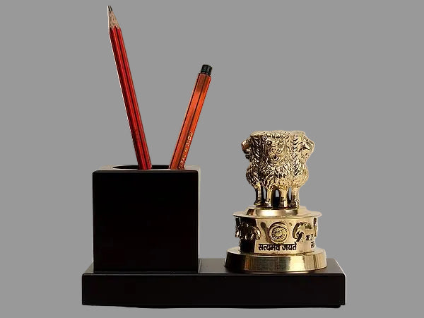 Brass Small Ashok Stambh with Wooden Pen Stand (Height: 4 Inches)