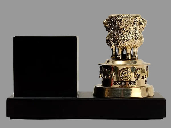 Brass Small Ashok Stambh with Wooden Pen Stand (Height: 4 Inches)