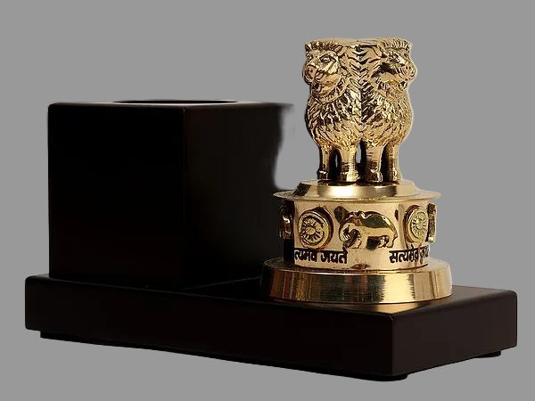 Brass Small Ashok Stambh with Wooden Pen Stand (Height: 4 Inches)