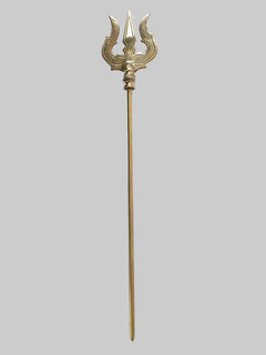 Brass trishul with pointed trident top, long stem ornament