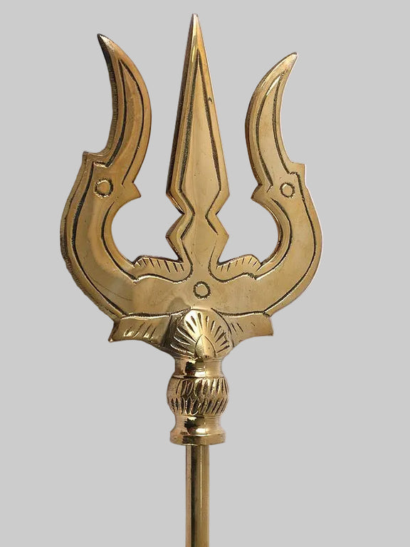 Brass trishul head with three curved blades and central diamond, topped stem