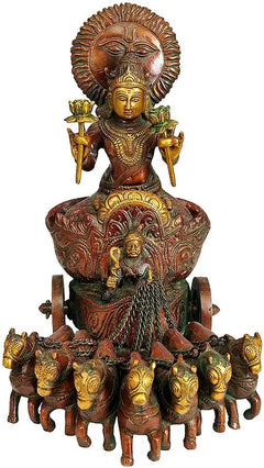 Brass Surya statue front view, raised arms holding lamps atop carousel of small horses