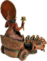 Brass Surya statue rear view, seated on chariot cart with trailing chain and horse figure