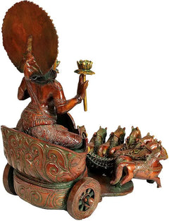 Brass Surya statue rear view, seated on chariot cart with trailing chain and horse figure