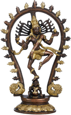 Brass Shiva dancing idol statue with ornate arch and Nataraja-style drum, 11 inch