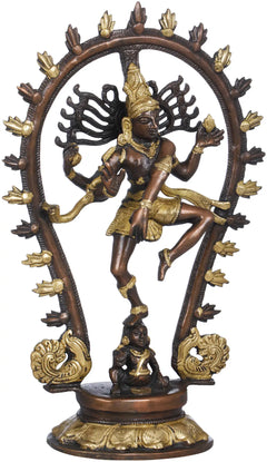 Brass Shiva Nataraja statue in dancing pose, gold-toned details, round halo frame