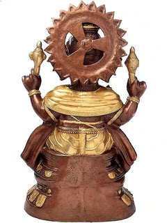 Brass Ganesha statue rear view, circular halo and gold details, raised blessing hands