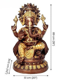 Brass Ganesha statue, full front view, 36 in height, ornate crown and accessories