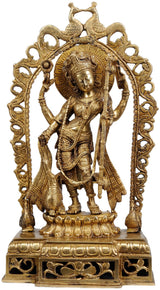 Handmade brass Saraswati goddess statue, ornate arched frame, detailed figure, 17 in