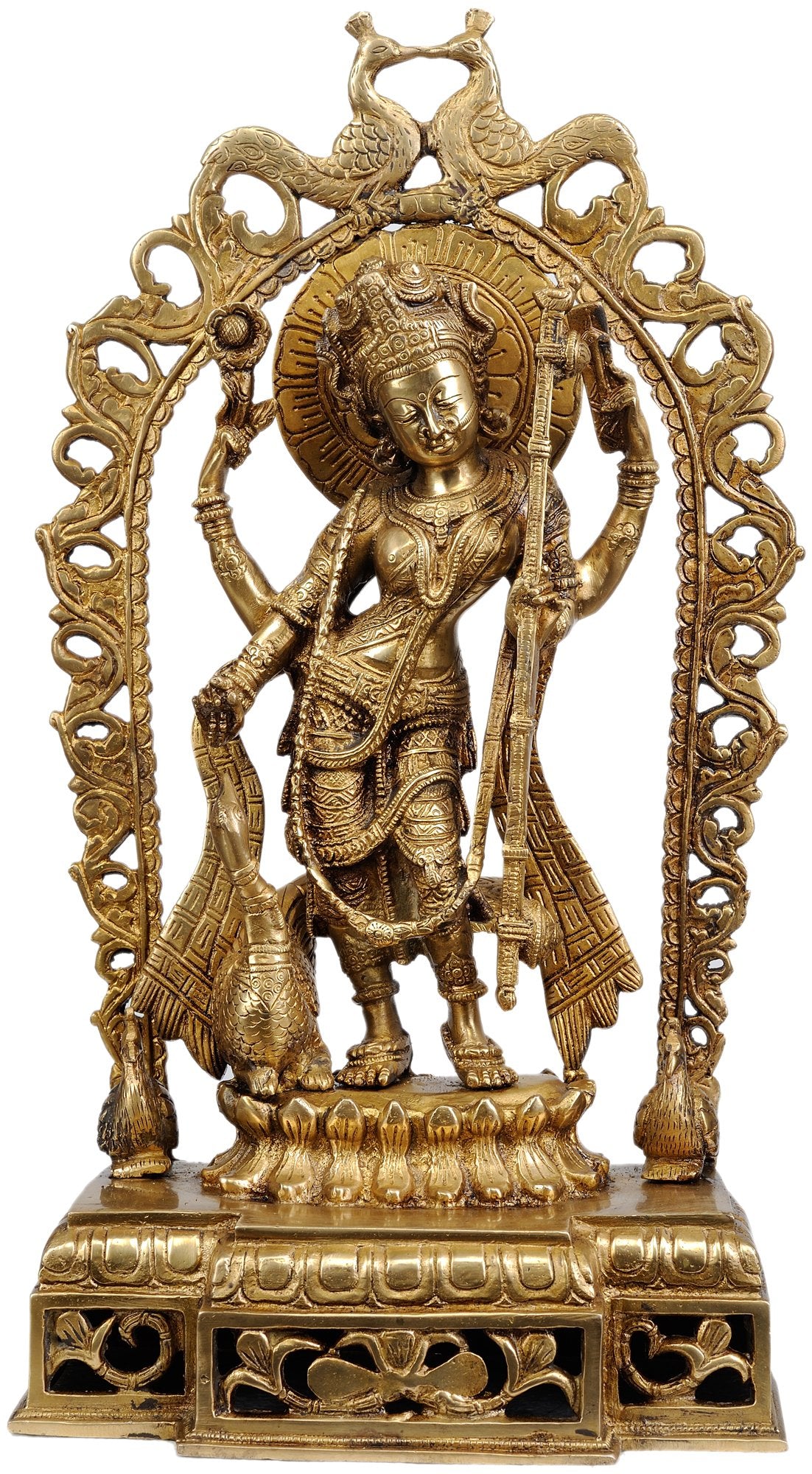 Handmade brass Saraswati goddess statue, ornate arched frame, detailed figure, 17 in