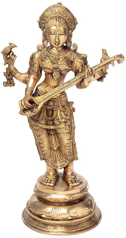 Four-Armed Standing Saraswati in Brass | Handmade - 23 Inch