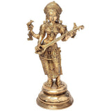 Brass Saraswati statue, four arms, veena in hand, ornate crown, 23 inch