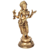Brass Saraswati statue, four arms, veena across arms, engraved jewelry, standing figure