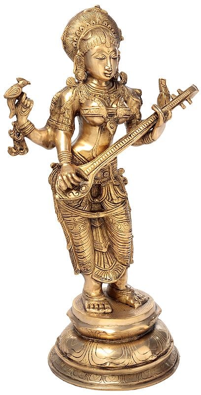 Four-Armed Standing Saraswati in Brass | Handmade - 23 Inch