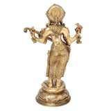 Brass Saraswati statue, four arms holding instruments, back view, ornate drapery