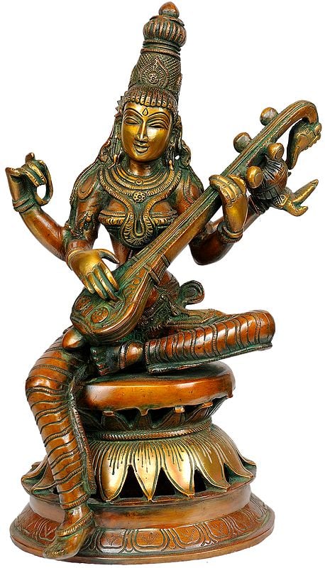 Brass Goddess Saraswati Statue Seated in Lalitasana on Lotus Throne - 12 Inch