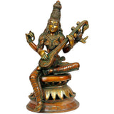 Brass Saraswati-Statue, im Lotussitz auf Thron sitzend, mit Saiteninstrument