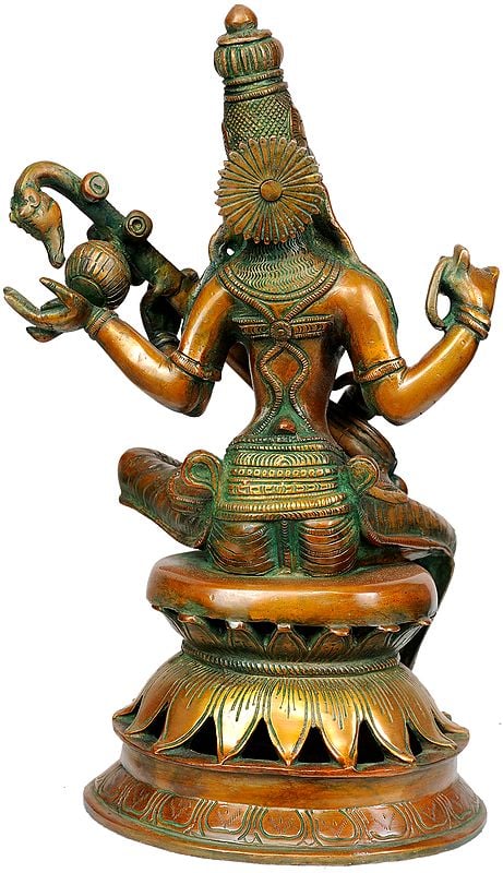 Brass Goddess Saraswati Statue Seated in Lalitasana on Lotus Throne - 12 Inch