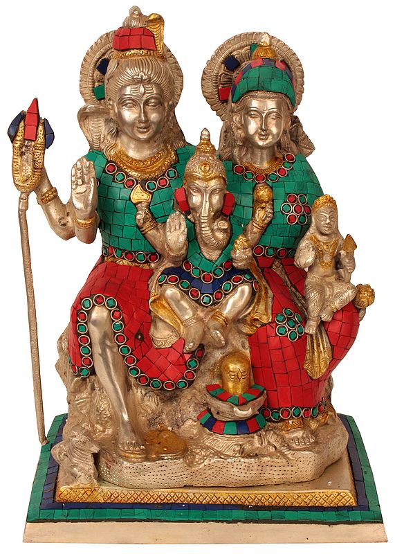 Handmade brass Shiva Parivar idol with colorful tiled robes, 12-inch
