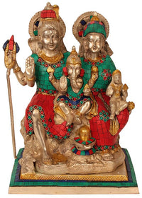Handmade brass Shiva Parivar idol with colorful tiled robes, 12-inch