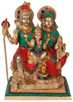 Handmade brass Shiva Parivar idol with colorful tiled robes, 12-inch