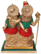 Brass Shiva Parivar idol with trident, green-and-red tiled robes, 12-inch