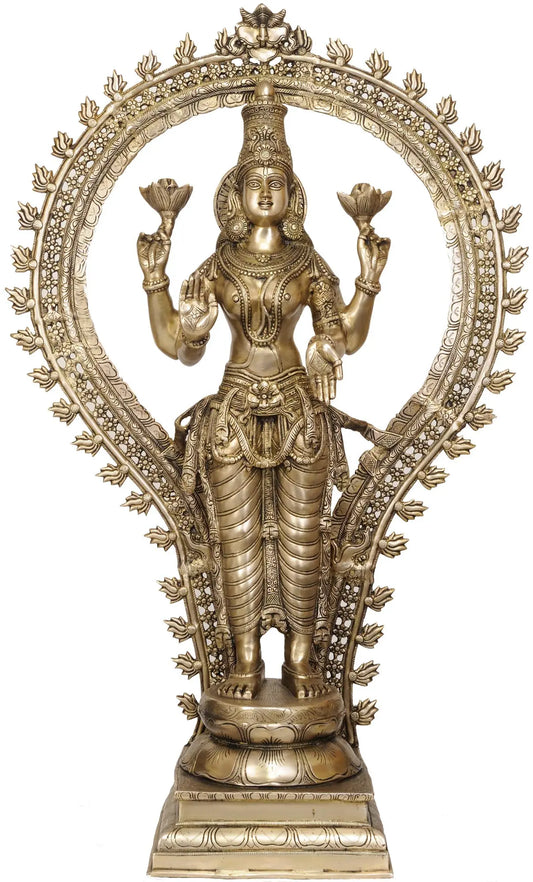 AONA Brass Large Size Goddess Lakshmi with Floral Aureole Idol