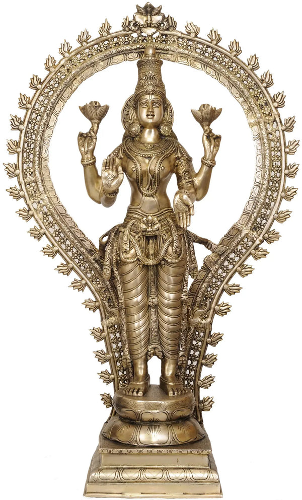 Brass Large Size Goddess Lakshmi with Floral Aureole Idol (Height: 40 Inches) Entryway Setting