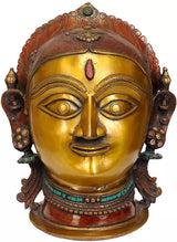 Brass Goddess Parvati (Uma) head idol, gold face with carved eyes, crown and teal accents