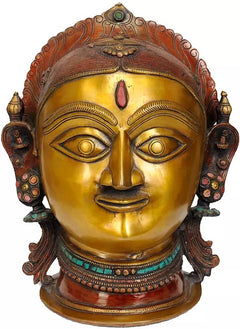 Brass Goddess Parvati (Uma) head idol, gold face with carved eyes, crown and teal accents