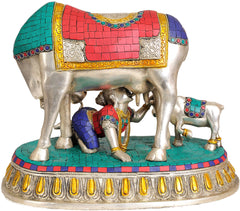 Brass Krishna drinking milk idol with cow pair and small calf, teal base