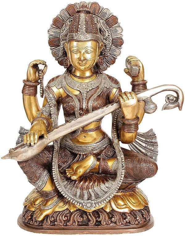 Handmade Brass Statue of Goddess Saraswati - 16 Inches