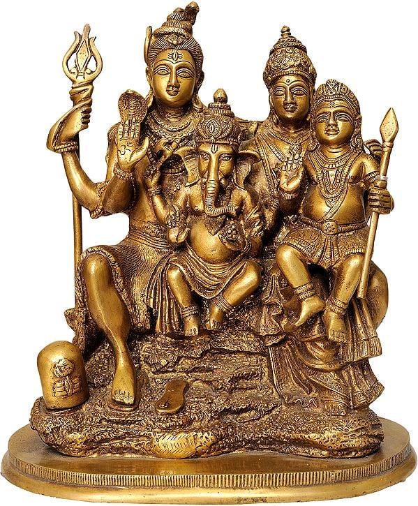 Brass Shiva Parivaar family figurine with four seated deities, 11-inch