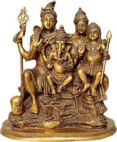 Brass Shiva Parivaar family figurine with four seated deities, 11-inch