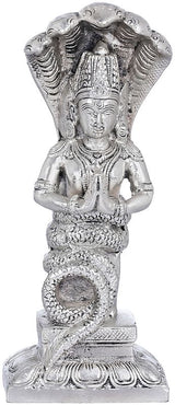 Silver-tone Patanjali idol figurine seated in meditation pose, hands in prayer