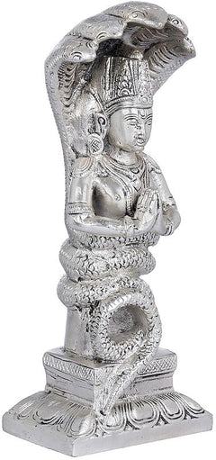 Silver-tone Patanjali idol figurine side view with coiled hair and folded hands