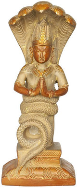 Brass Patanjali idol, seated with folded hands and cobra hood, 8 inch