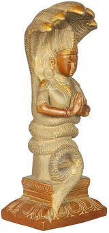 Brass Patanjali idol, side view with cobra hood, palms joined, 8 inch