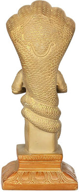 Back view of Brass Patanjali idol with textured snake hood, 8 inch