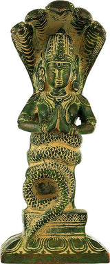 Green brass Patanjali chola idol figurine, hands in prayer, seated on a base