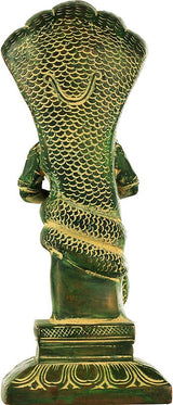 Brass green Patanjali chola idol back view, layered scales on torso and robe