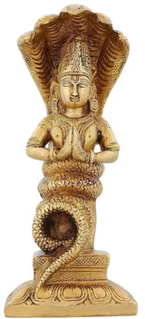 Brass Patanjali idol, seated figure with detailed engraving, 8 inches tall